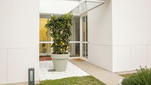 A modern building with a large potted lemon tree in the entrance area. - Lakefront Contemporary (Griante)