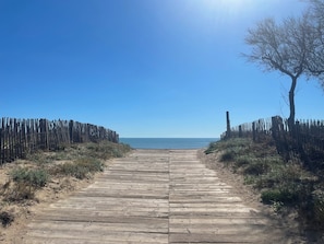 Un sentier en bois mène à une plage, sous un ciel dégagé, et un arbre se trouve sur la droite.