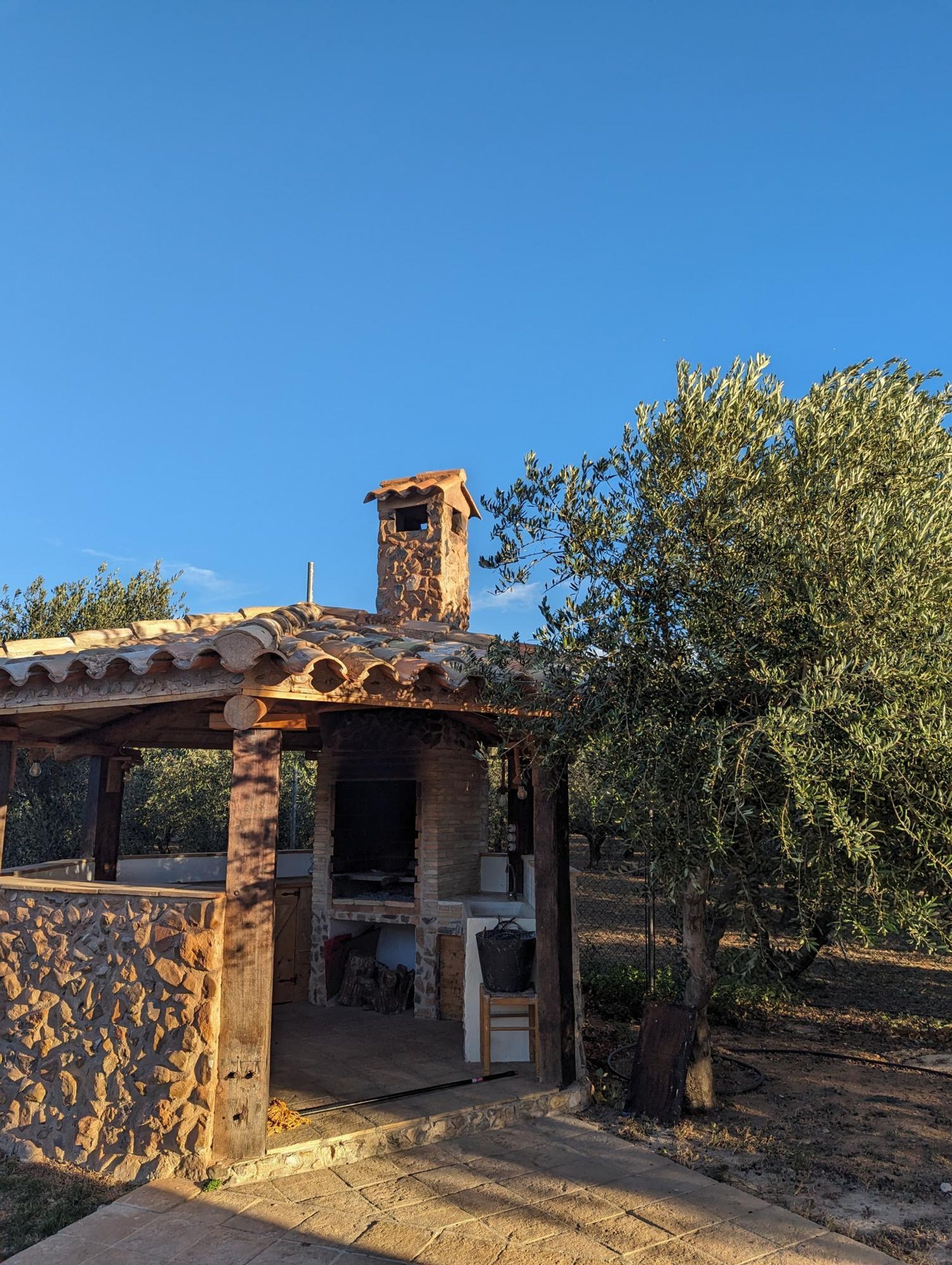 A rustic stone structure with a chimney, a wooden table, and a bench, surrounded by olive trees.