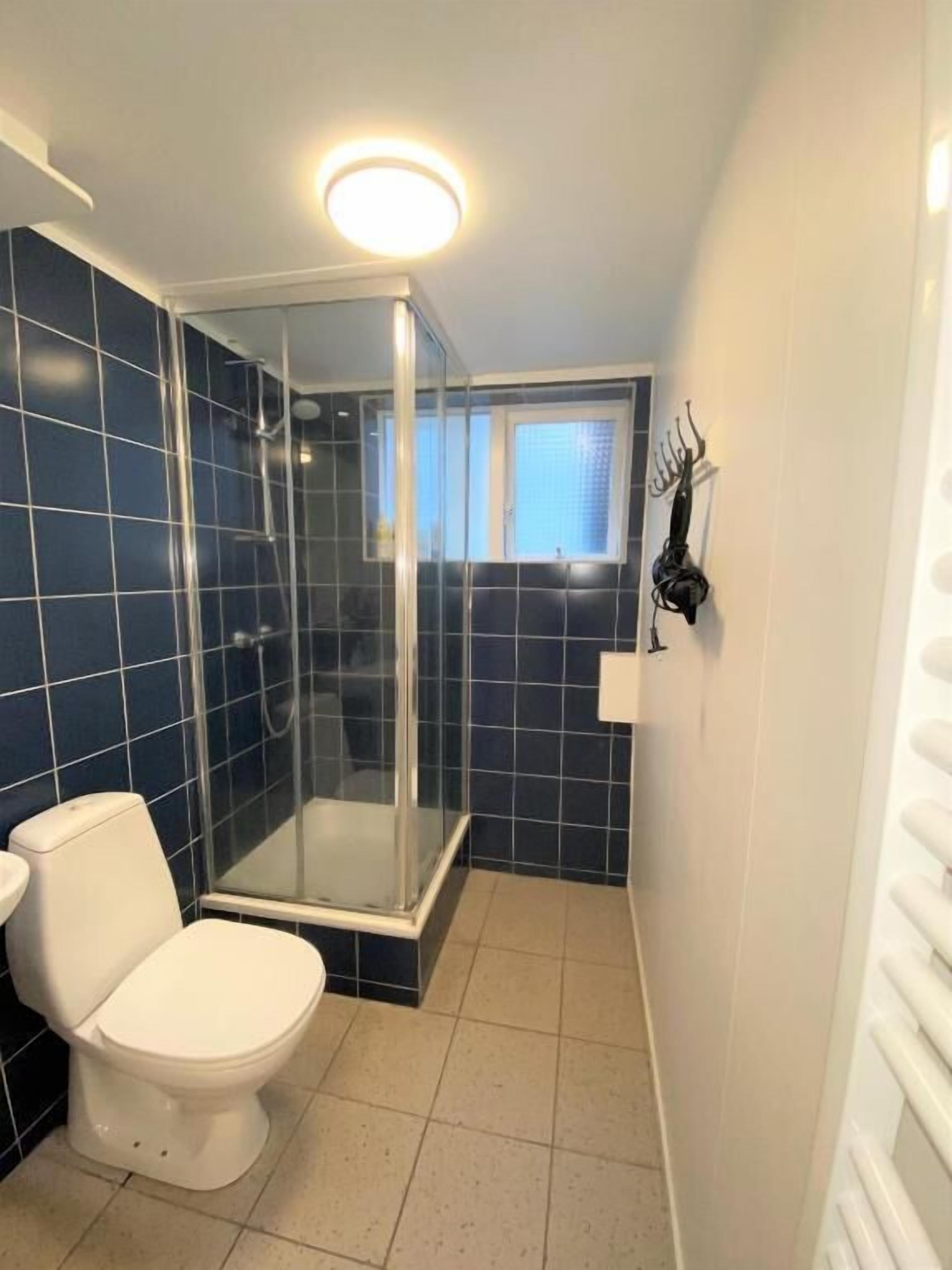 A bathroom with a glass-enclosed shower, a white toilet, and a window.