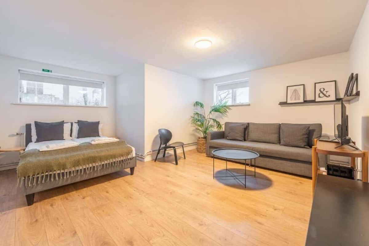 A modern, well-lit room with a bed, a sofa, a small round table, and a potted plant.