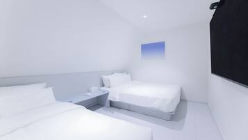 A modern, minimalist bedroom with a single bed, bedside table, and a small window.