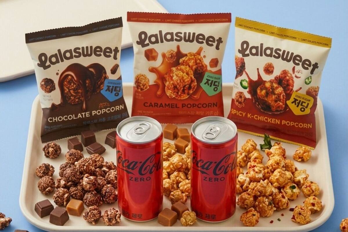 Three Lalasweet popcorn flavors, two Coca-Cola Zero cans, and assorted popcorn and chocolate pieces on a tray.