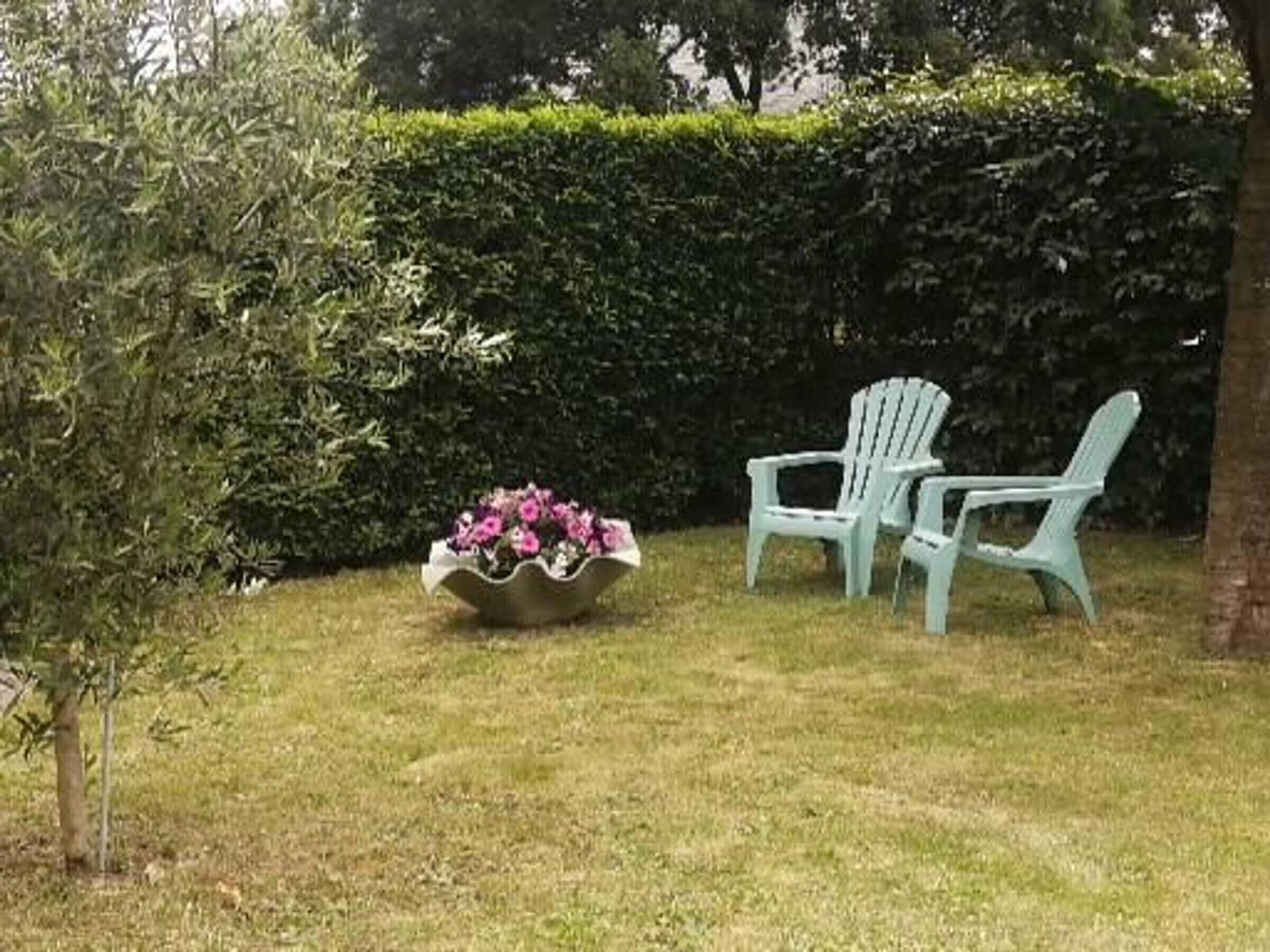 Een gazon met twee Adirondack-stoelen en een bloemstuk.