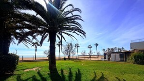 A well-maintained lawn with a palm tree, a clear sky, and a distant beach. - Beautiful 3-room apartment in Roses with pool and garden, beach access (Roses)