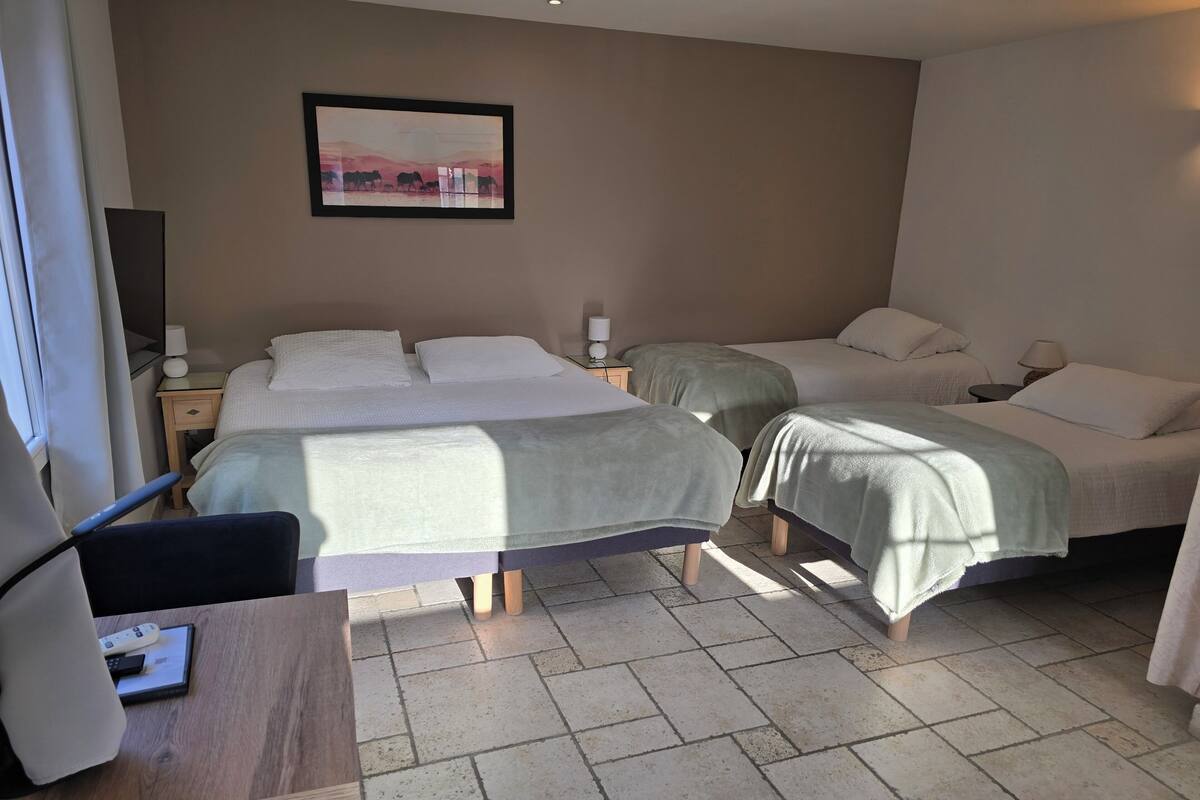 Une chambre d’hôtel avec deux lits, un bureau et une chaise.
