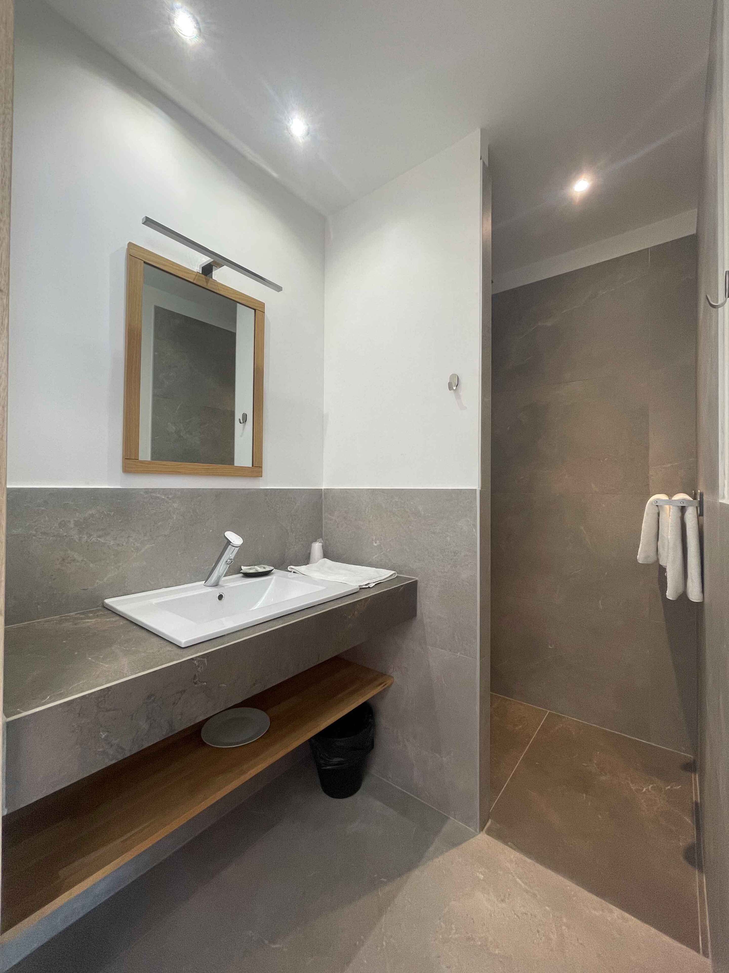 A modern bathroom with a large mirror, two sinks, and a shower area.