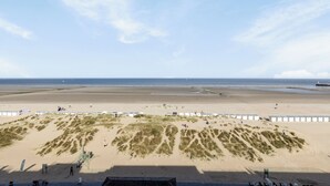 En strand med sanddyner och en klar himmel.