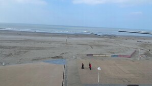 A beach with a pier extending into the water, a few people walking, and a clear sky.