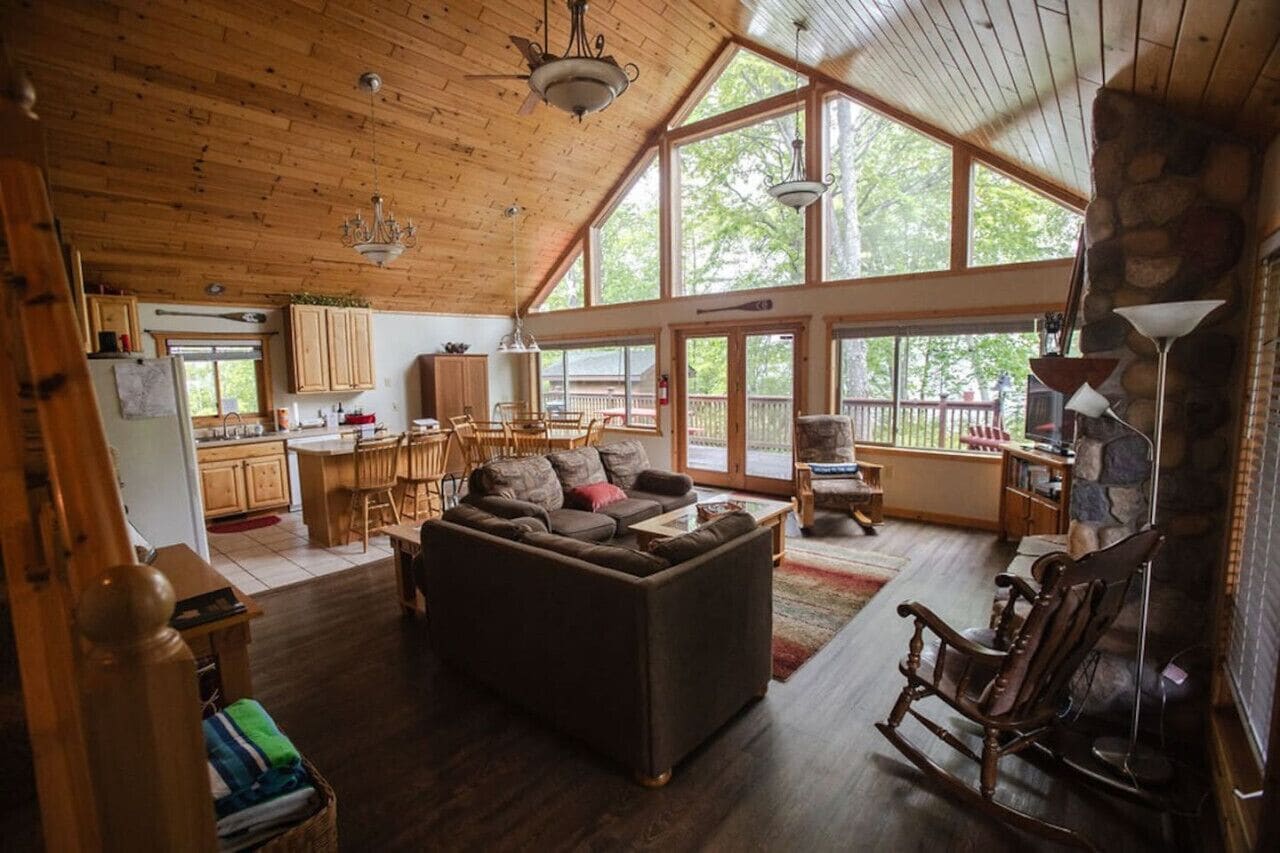 TV, fireplace, books