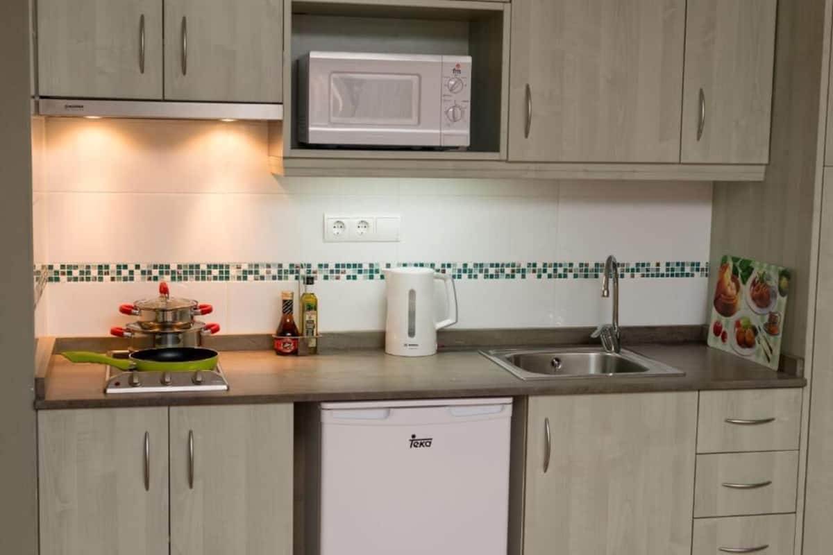 Fridge, microwave, stovetop, coffee/tea maker