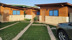 A modern two-story wooden house with a green roof, a stone foundation, and a paved driveway. - Room-serene Punta Cana Cabin Retreat - P (Punta Cana)