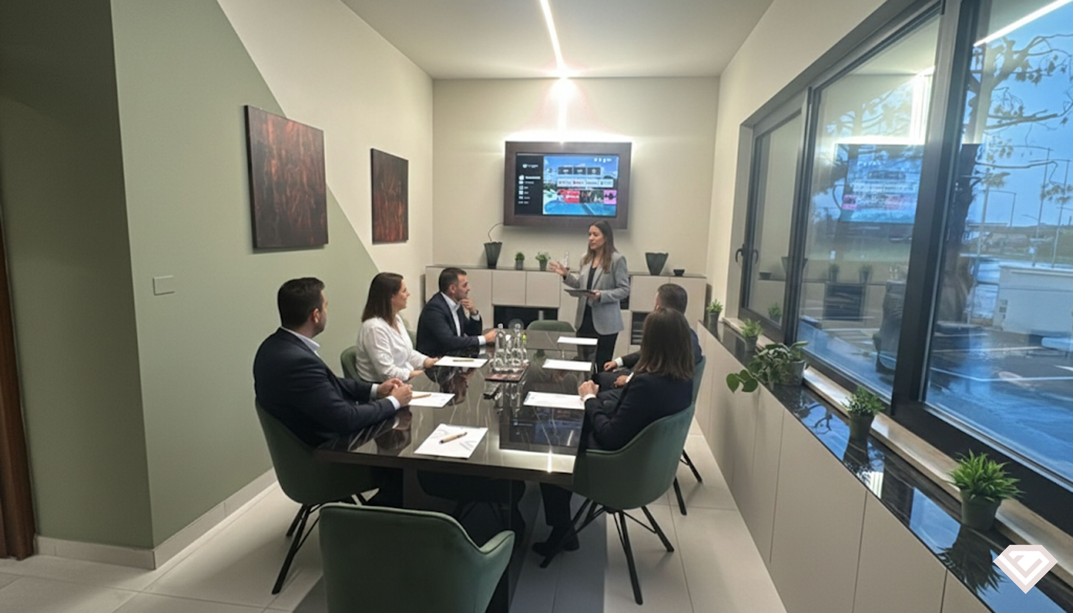 A conference room with a glass table, chairs, a presentation screen, and a window with a view of the outside.
