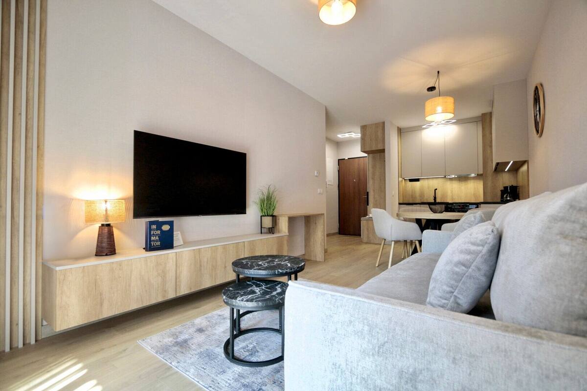 A modern living room with a flat-screen TV, a sofa, a coffee table, and a dining area with a chair.