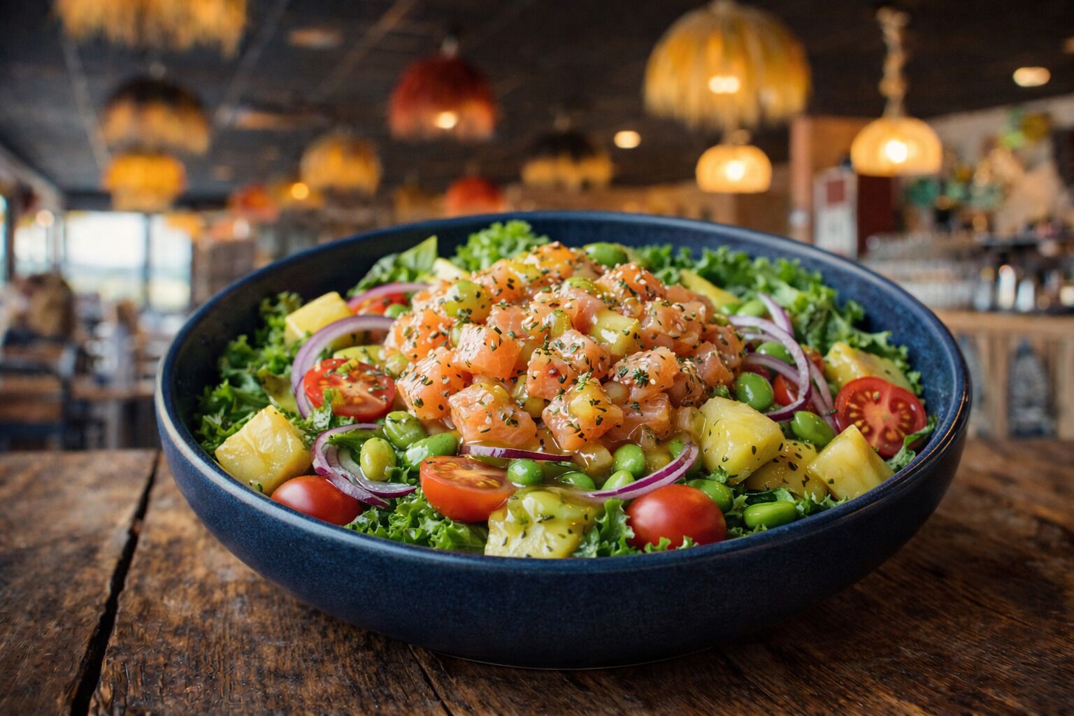 Eine Salatschüssel mit verschiedenen Zutaten auf einem Holztisch.