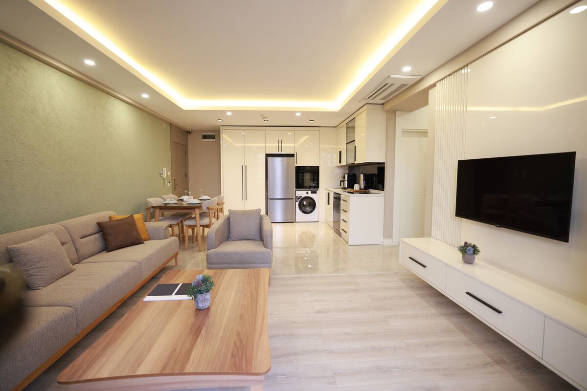 A modern living room with a sofa, coffee table, and TV.