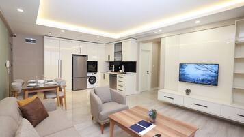Una sala de estar moderna con un sofá, una mesa de centro y un televisor.