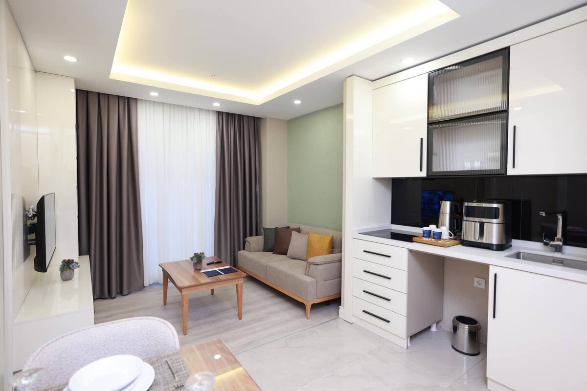 A modern apartment with a living room, kitchen, and dining area.