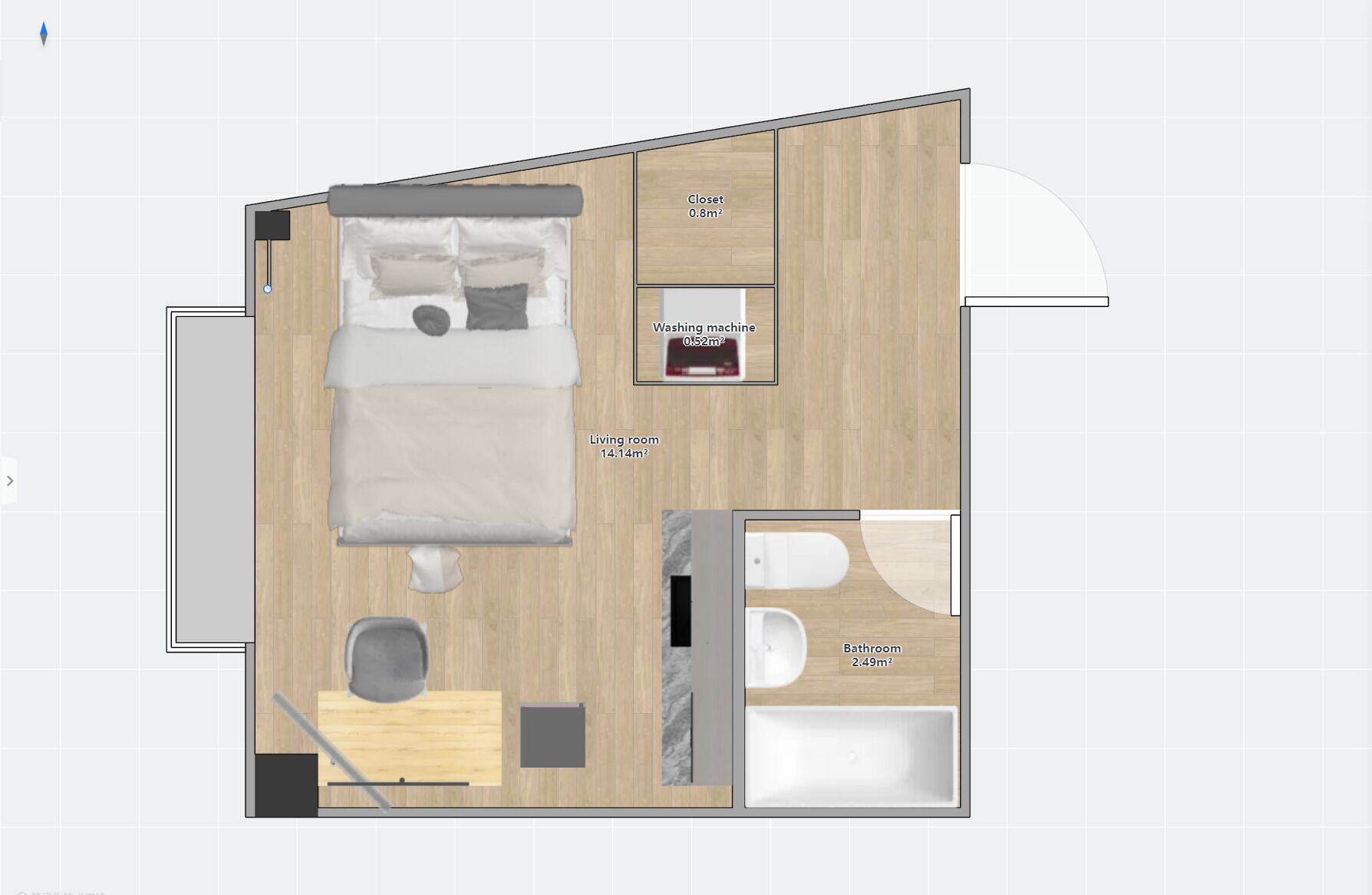 A 14.14m² living room with a bed, a washing machine, and a small closet.