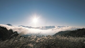 A mountainous landscape with a clear sky, sun shining, and clouds at the base of the mountains.