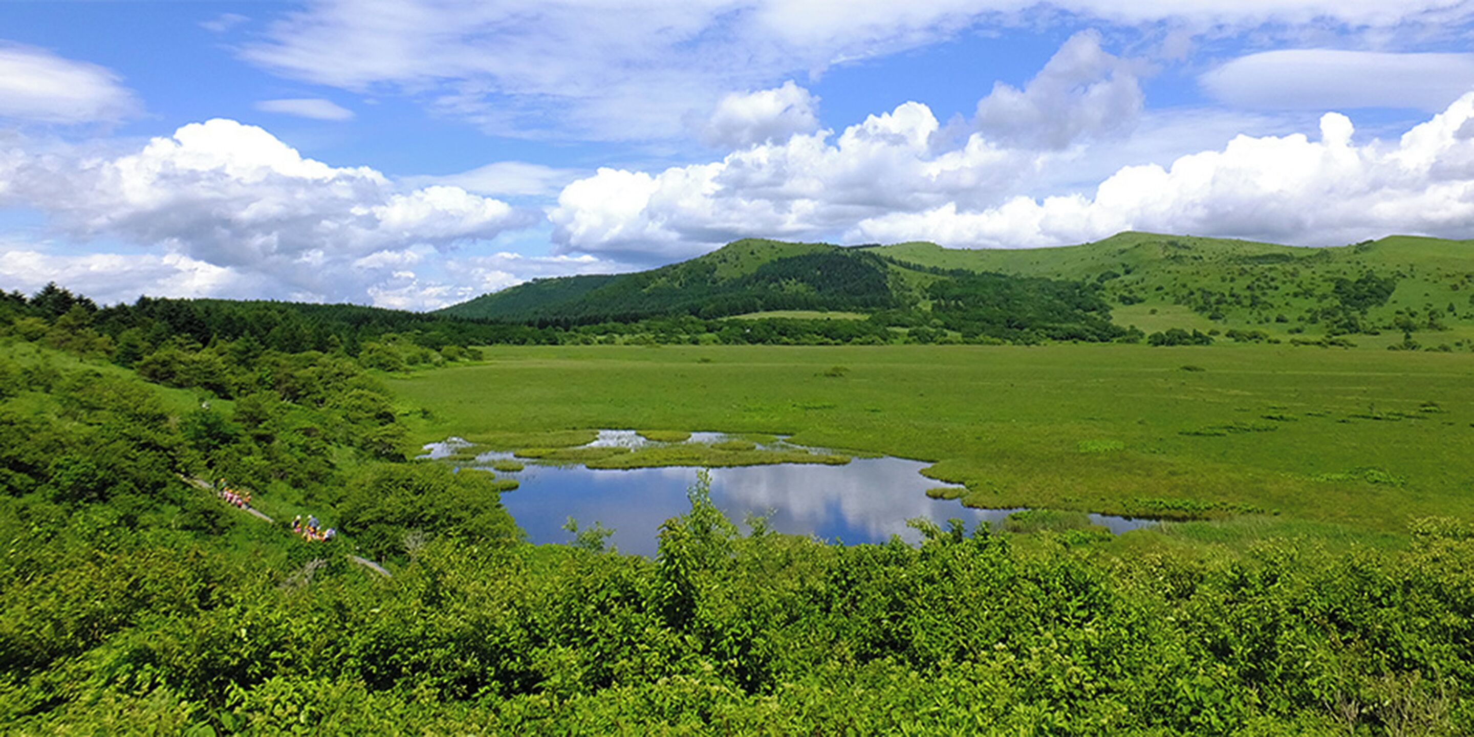 Un paisaje verde y exuberante con un pequeño estanque, colinas ondulantes y cielo despejado.
