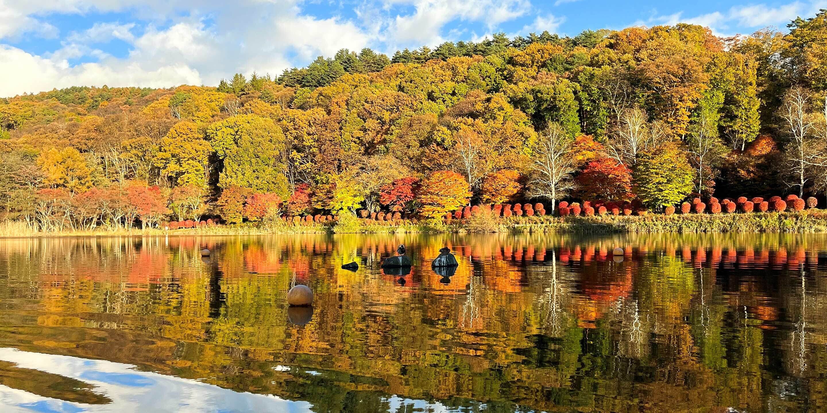 A serene lake with autumn foliage reflecting on the water, surrounded by a forested hillside.