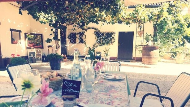 An outdoor dining area with a table set for two, surrounded by potted plants and a pergola. - Die Labsalerie am Wörthersee - Apartment with 1 bedroom (Pörtschach am Wörthersee)