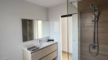 Shower, hair dryer, bidet, towels