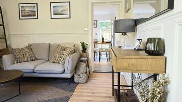 Smart TV, fireplace, books, stereo