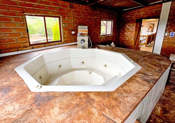 A hot tub in a room with brick walls and large windows.