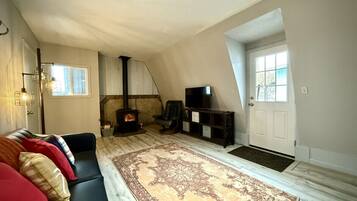 A cozy living room with a fireplace, a sofa, a television, and a large rug.