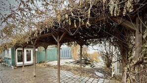 Une zone pavée de briques, surmontée d’une pergola en bois recouverte de plantes grimpantes, une enseigne indiquant « ACE NURSERY », et un bâtiment vert en arrière-plan.