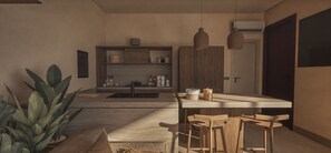 Frigorífico, microondas, horno y placa de cocina