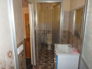 Bathroom features a sink, mirror, and toilet, with a decorative tile design and a glass door.
