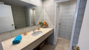 Habitación doble, 1 cama matrimonial, baño privado | Baño | Regadera, secadora de cabello, toallas, jabón