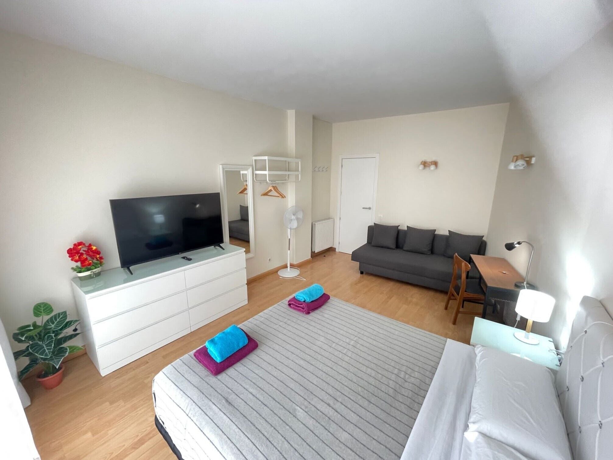 A modern bedroom with a bed, a TV, a sofa, a desk, and a mirror.