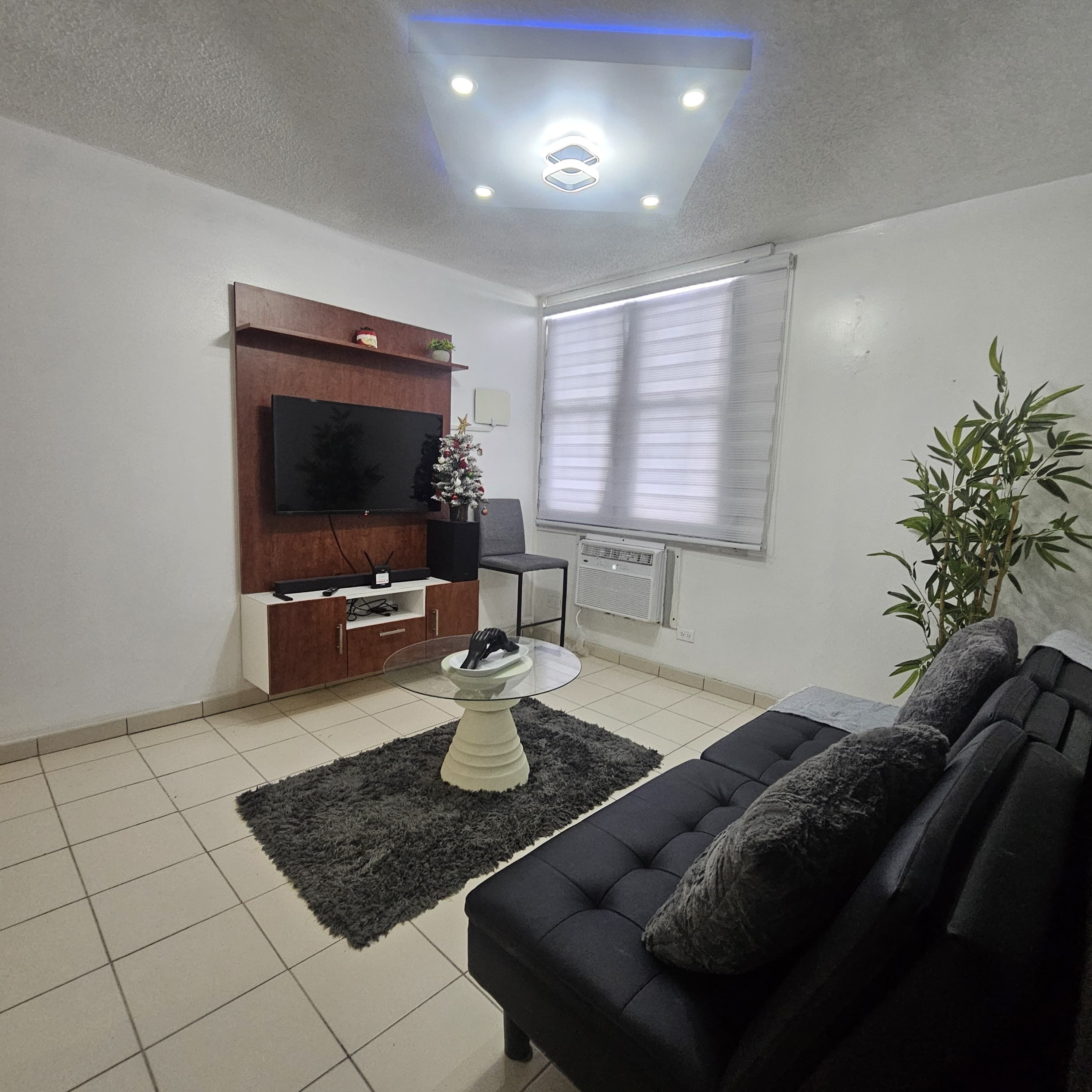 A living room with a flat-screen TV, a coffee table, a sofa, a potted plant, and a window with blinds.
