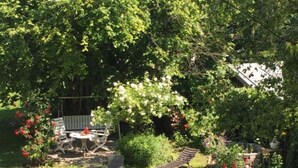 A backyard with a dining table, chairs, a grill, and a hammock. - Beautiful living near Schönbrunn (Wien)