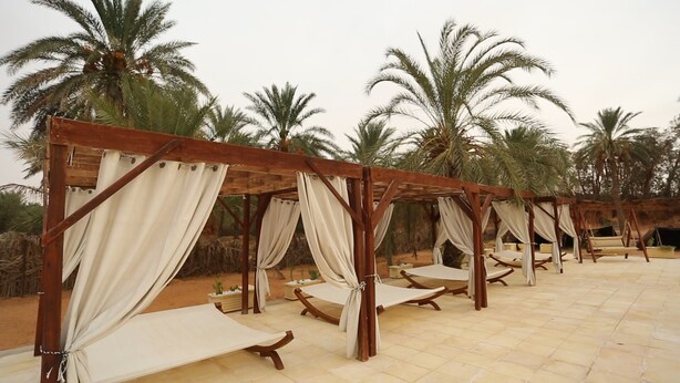 A series of wooden canopy beds with white curtains, arranged in rows on a tiled patio with palm trees in the background. - Ecolodge Ksar Ghilane (Douz Sud)