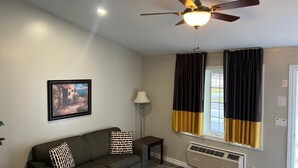 Un salon avec un canapé gris, un tableau encadré au mur, un lampadaire, un ventilateur de plafond et une fenêtre ornée de rideaux noirs et dorés.