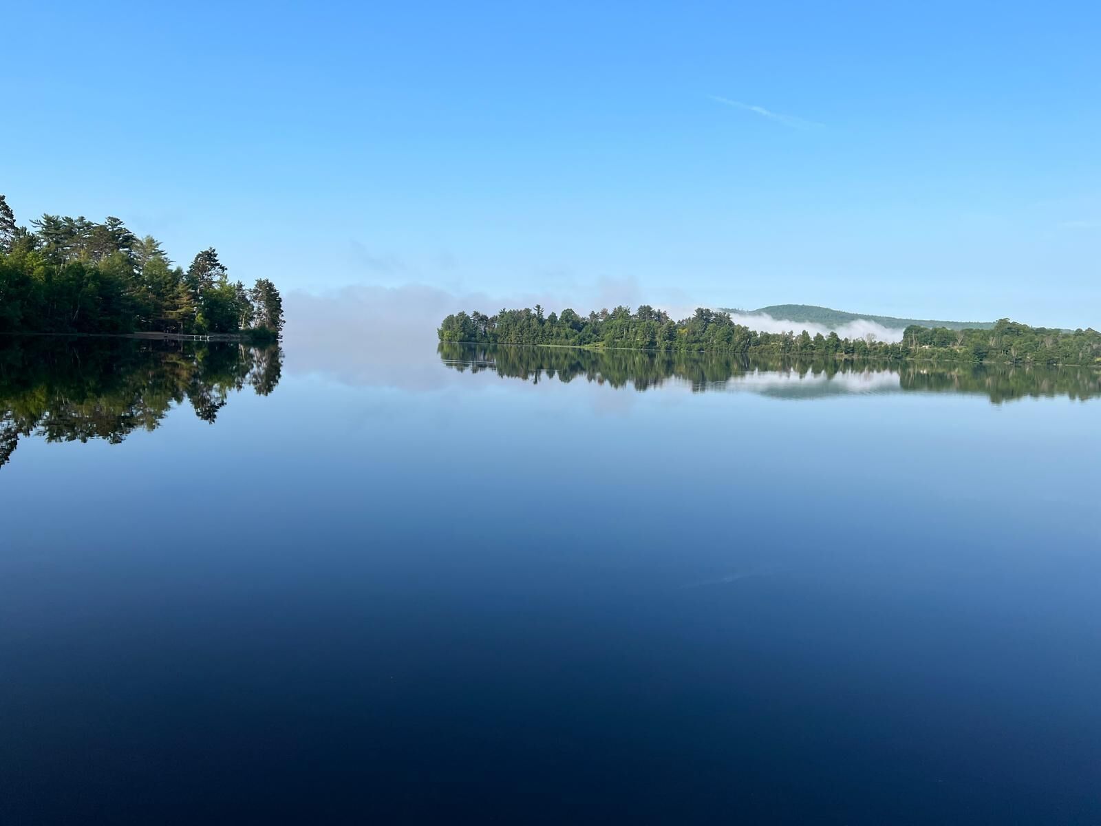 A calm lake with a forested island and a clear sky.
