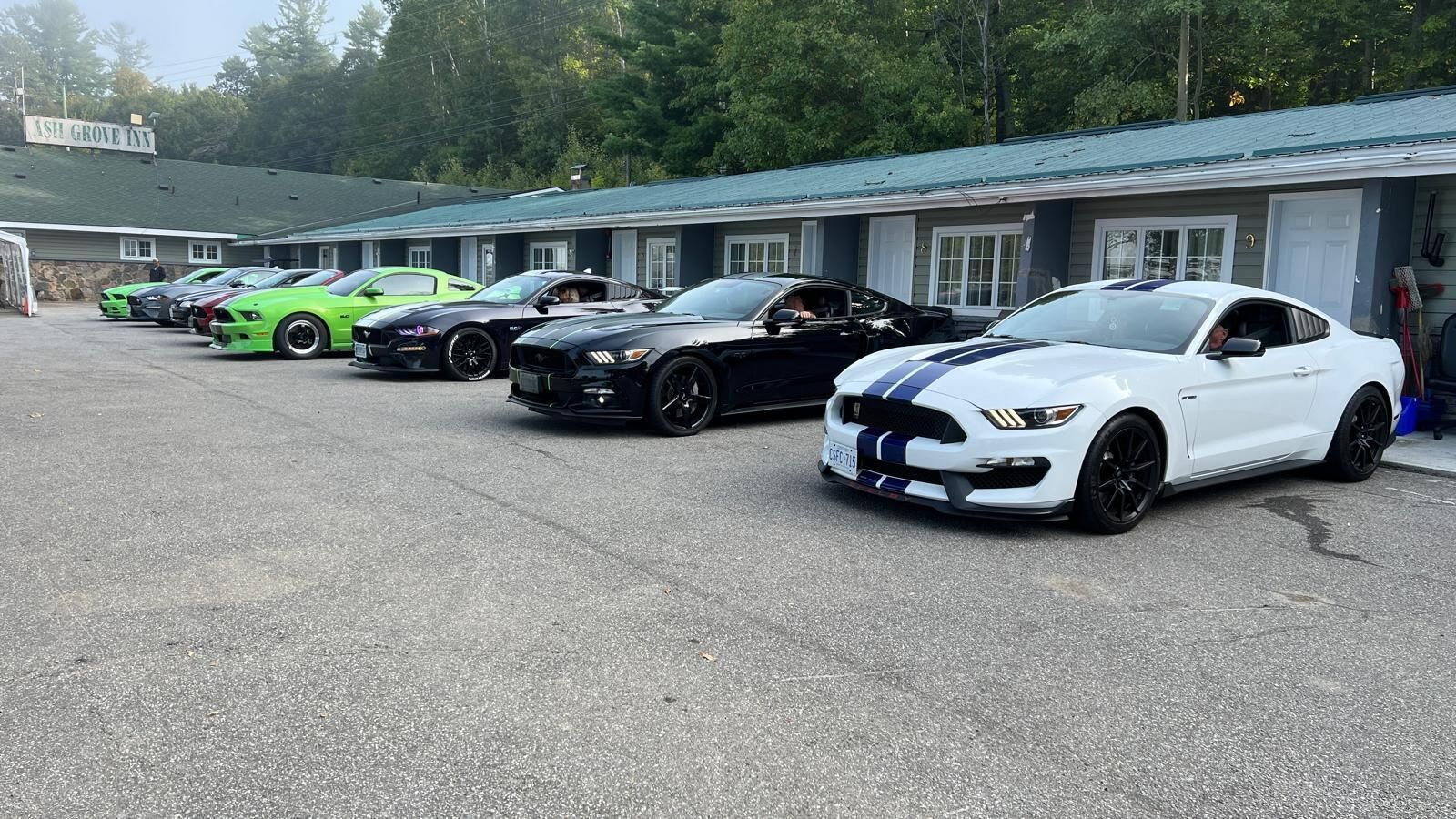 Une rangée de voitures de sport garées devant un motel avec un toit bleu et une enseigne indiquant « ASH GROVE INN ».