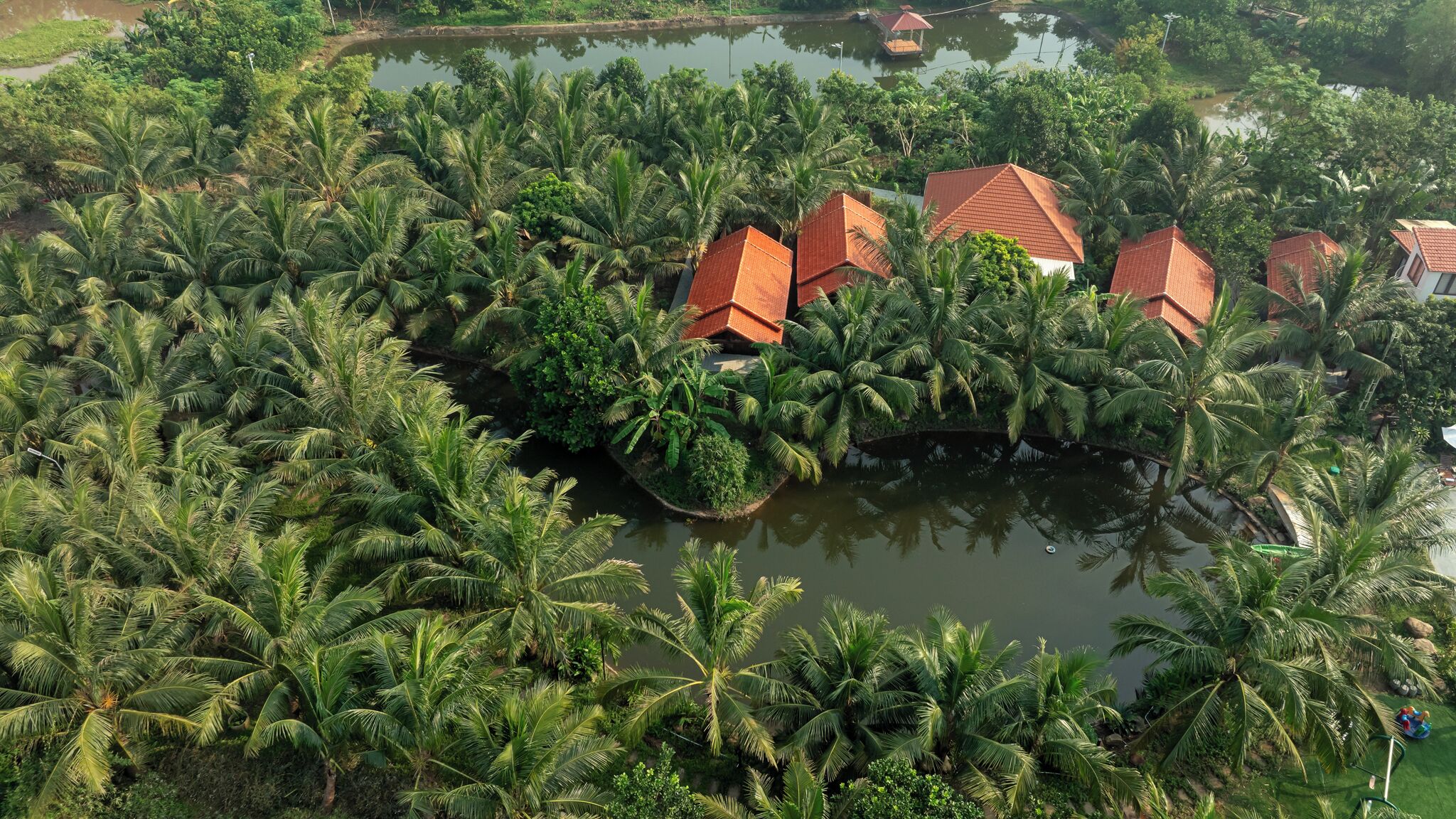 A tropical resort with palm trees and red-roofed buildings surrounded by water.