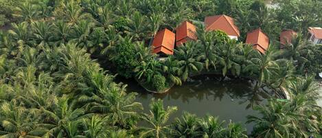 Un resort tropical con palmeras y edificios de techo rojo, todo rodeado de agua.