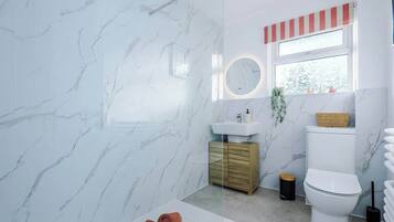 Shower, hair dryer, shampoo