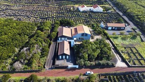 Luchtbeeld van een pand met een groot huis, omringd door terrassen van wijngaarden, een verharde oprit en een klein parkeergebied.