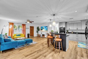 Smart TV, fireplace, table tennis, books