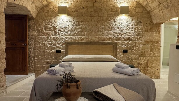Un dormitorio de paredes de piedra con una cama, una mesita de noche y una planta en maceta.