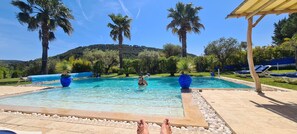 A pool area with lounge chairs and palm trees. - Comfortable villa with heated pool (Le Castellet)