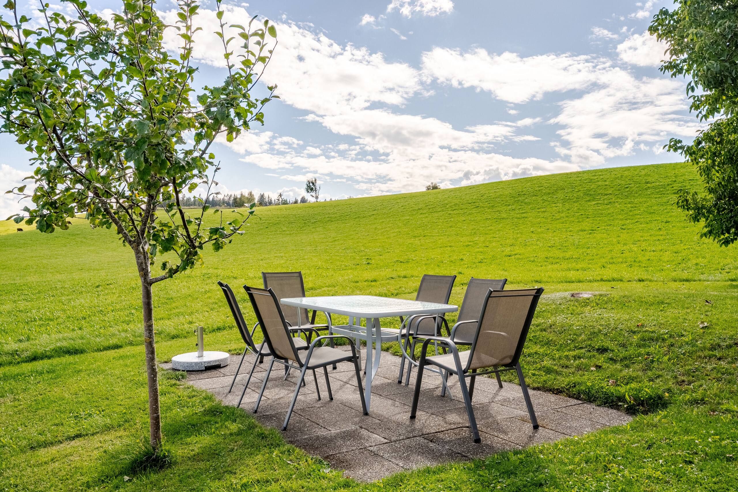 Ein Sitzbereich im Freien mit Tisch und Stühlen, umgeben von einer Wiese und Bäumen.